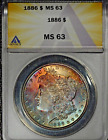 1886 Morgan Silver Dollar, Beautiful Toning, ANACS MS63