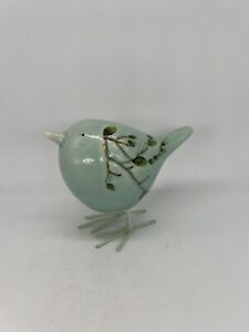 Vintage Whimsical Art Pottery Decorated Painted Branch Leaves Glazed Bird 4”