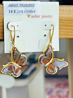 14K Gold Butterfly Genuine Baltic Amber Earrings Vintage Butterscotch Polish