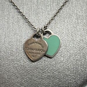 Tiffany & Co Blue Enamel Return To Mini Double Heart Pendant Necklace Silver 925