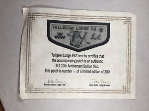 Talligewi OA Lodge 62 B1 10th ann flap Certificate 112/200 BSA Paperwork