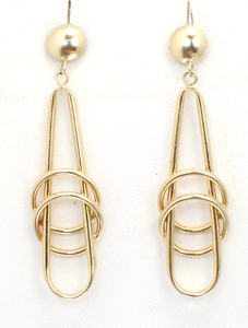 + 14k Yellow Gold Long Hollow Dangle Hoop Modern Art Ladies Pierced Earrings