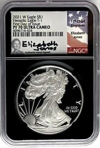 2021 W PROOF SILVER EAGLE TYPE 1 FIRST DAY OF ISSUE NGC PF70 ELIZABETH JONES