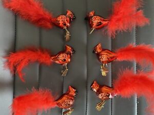 Set Of 6 Feathers Birds On Clip Red Cardinal Christmas Ornaments. Glass VTG