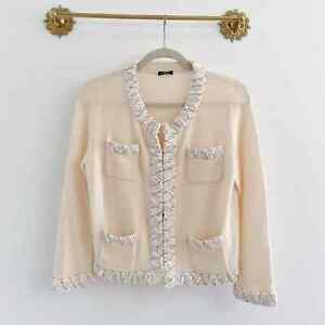 Magaschoni Size XS Small 100% Cashmere Beaded Sequin Pocket Cardigan