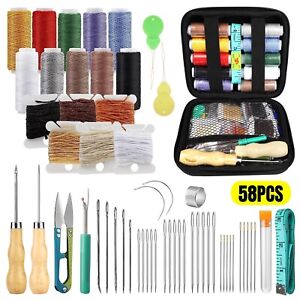 58Pcs Leather Waxed Thread Stitching Needles Awl Hand Sewing Tool Heavy Duty Kit