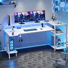 70.8'' Gaming Desk with LED Lights &Storage Shelves, Large PC Gamer Desk (White)