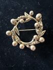 Vintage Monet Signed Wreath Pin With Gold Tone Pearls And Leaves