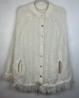 Vtg Button Up Cable Knit Shawl Poncho Sweater Off White Fringe Cardigan One Size