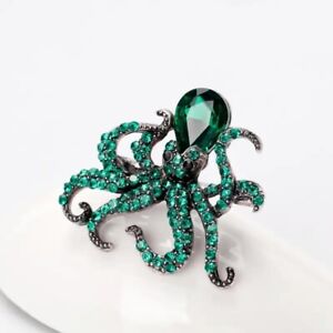 Green Octopus Rhinestones Brooches Pins Women Men Sea Animal Crystal Jewelry New