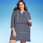 Lands' End Women's Striped V-Neck Terry Hooded Swimsuit Cover Up - Navy
