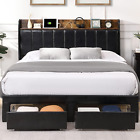 Upholstered Bed Frame King Size with Headboard, Platform King Bed Frame with Sto
