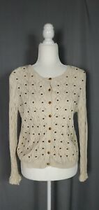 Vintage Cardigan Womens Medium Ivory Wood Bead Embellished Button Front Sweater