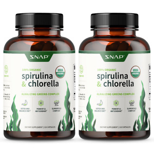 Organic Spirulina Chlorella Capsules Plant Vitamins Powerful Antioxidants 2 Pack