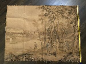 Stunning Antique French Country Tapestry ‘Forest Wagon Boats Castle’ Circa 1800s