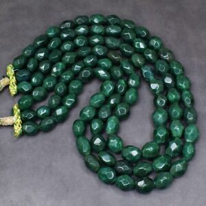 Oval Shape 1406 Cts 3 Strand Green Emerald Faceted Beaded Necklace AK 01 E486