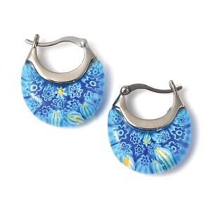 Blue Murano Style Millefiori Glass Daisy Flower Basket Hoop Earrings Clip On