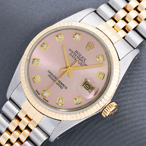 Rolex Mens DateJust 36mm Pink Diamond Steel and 18k Gold Fluted Bezel Watch