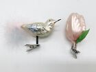 Vintage Blown Glass Clip on Ornaments Bird w/ Feathers & Rose Christmas Lot of 2