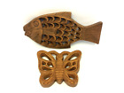 Two Carved Wood Decorative Carvings Objects Fish Butterfly Coasters Trivets
