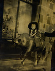 New ListingBoy In Cowboy Costume Sitting On Bull Statue B&W Photograph 2.5 x 3.25