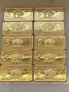 Lot of 10 - 5 GRAM 100 MILLLS GOLD BUFFALO BULLION BARS .999 FINE