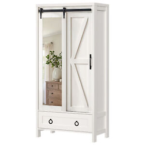 Farmhouse Storage Cabinet with Barn Door & Drawer Bathroom Cabinet with Mirror