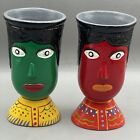 Lot of 2 Vase Double Face Ceramic Red Green Hand Painted Guatemala Decor Holder