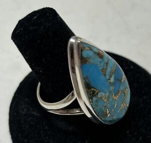 Old Pawn Sterling Silver Tear Drop Turquoise Ring Sz10 7.6G India Signed TS