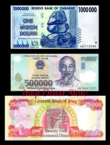 25,000 New Iraqi Dinar, 500, 000 Vietnam Dong + One Million Zimbabwe Dollars Unc