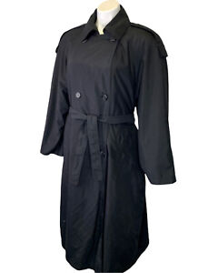 London Fog Full Length Trench Coat Sz 8 Black Army Style Belted Lined Pockets