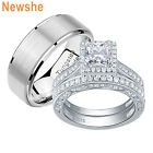 Newshe Wedding Rings Set for Women and Men Him Her Tungsten Bands Princess Cz