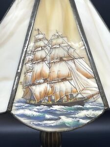 Slag Glass Table Lamp Nautical, Signed