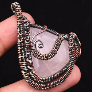 Rose Quartz Gemstone Copper Wire Wrapped Handmade Jewelry Pendant 2.09