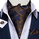 Mens Silk Ascot Cravat Tie Blue Paisley Floral Check Hanky Cufflinks Set Wedding