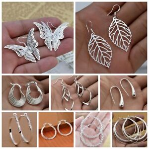 Women 925 Silver Plated Butterfly Circle Earrings Dangle Stud Hoop Jewelry Gift