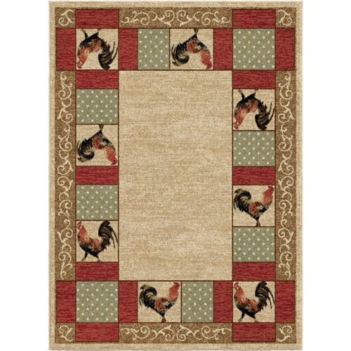 Barnyard Area Rug Lodge Cabin Rooster Chicken Country Beige *FREE SHIPPING*