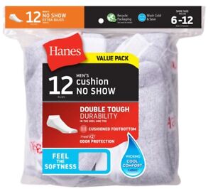 Hanes Men's No-Show Socks Cotton Cushioned Soft Fresh IQ White Size 6-12