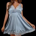 Glossy Satin & Lace Nightgown Slip Gown Babydoll Thong Panty Lingerie Set XL