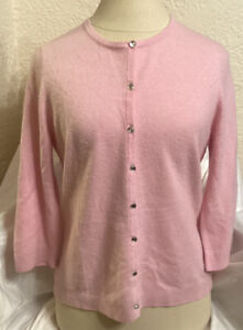 Ann Taylor 100% Cashmere Sweater Pink Cardigan Rhinestone Buttons Large