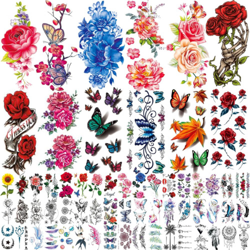 82 Sheets Temporary Tattoos Women Waterproof Stickers Roses Butterflie for Girls