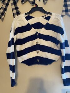 Moon & Madison Knit Bubble Sleeve Cropped Cardigan Sweater Navy White Strip L