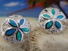 HIGH POLISHED STERLING SILVER/ BLUE OPAL INLAY SAND DOLLAR POST EARRINGS