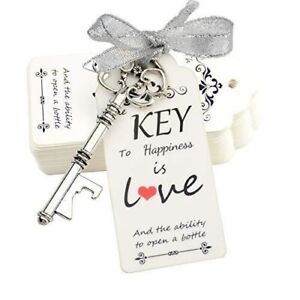 LOT OF 25 WEDDING FAVORS - METAL SKELETON KEY BOTTLE OPENERS WITH RIBBON & TAGS