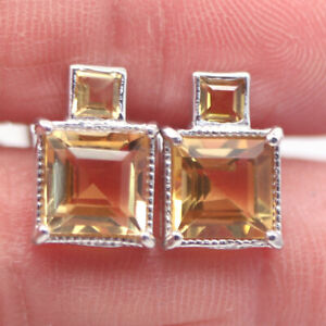 Unheated Golden Yellow Citrine Earrings 925 Sterling Silver White Gold Plated