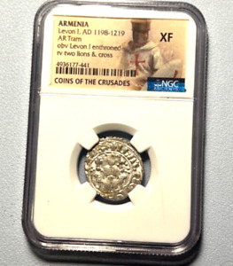 Armenia Silver Coin Crusades Levon I, AD 1198 NGC XF 2 Lions & Cross