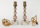 Matching Pair of Vintage Desk Table Lamps Pink Balls Brass Glass 10-1/2