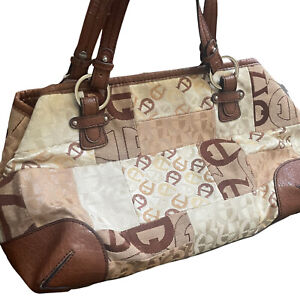 Etienne Aigner Canvas Shoulder Bag All Over Logo Print Brown Trim Double Straps