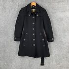 Burberry Brit Trench Coat Womens Size 2 Black Button Up Wool Lambskin Trim
