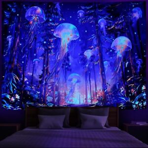 Blacklight Forest Jellyfish Tapestry UV Reactive Nature Tree Tapestry Trippy wal